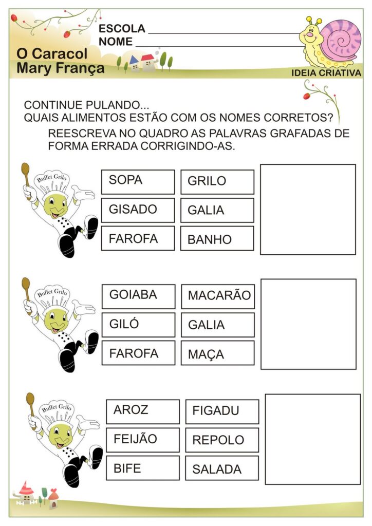 Atividade alfabetização História O Caracol Mary França